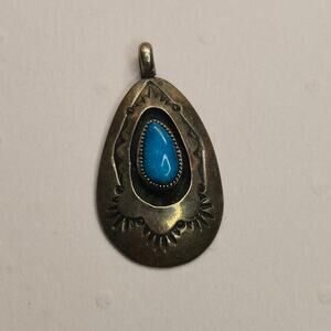 Vintage Navajo Native Sterling Silver Vibrant Blue Turquoise Pendant